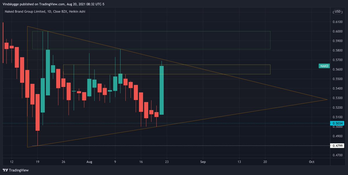 Good Morning #nakdarmy, back to the charts! This is the current bullish symmetrical triangle NAKD is forming on the Daily. You can all see the resistance zones we have to break to engage in an uptrend!