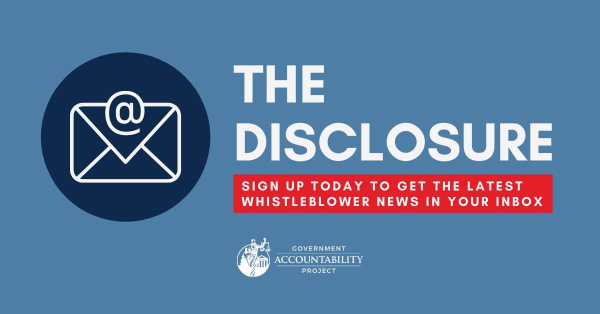 GovAcctProj's tweet photo. Stay informed on the #whistleblowing world with our free, biweekly newsletter. 

Sign up for #TheDisclosure today ➡️ https://t.co/epS3wgpe4h https://t.co/RNng1fPKop