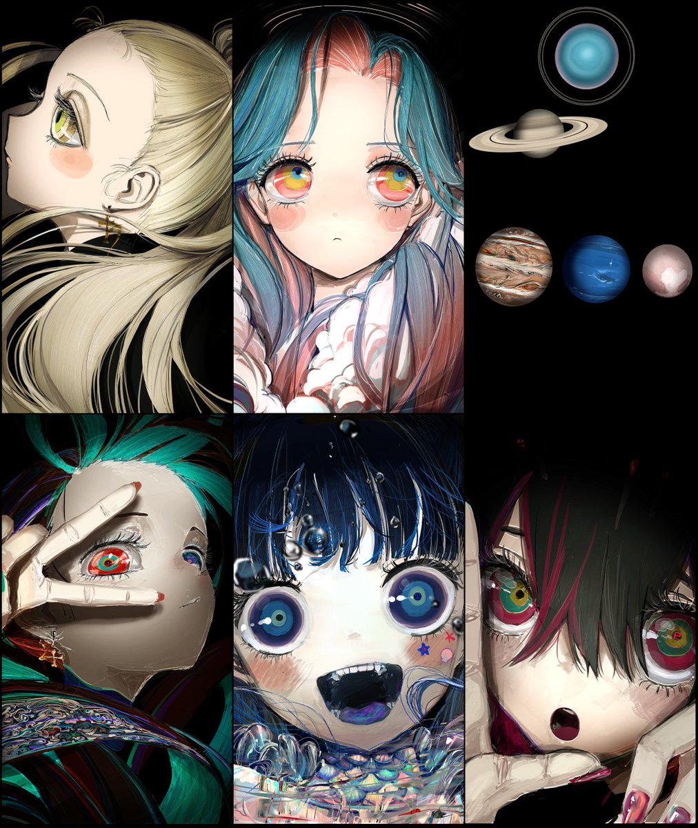 blue hair planet multiple girls blue eyes red eyes blonde hair looking at viewer  illustration images