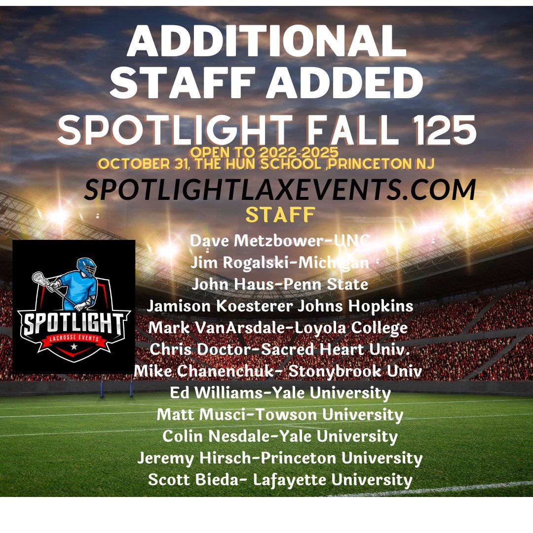 spotlightlaxev1's tweet photo. We added 2 more talented Coaches to Spotlightlaxevents Fall 125. Jeremy Hirsch @TigerLacrosse , @CoachScottBieda @LafayetteMLAX . Registration is open https://t.co/gpa2nIsKPt #lacrossedevelopment #collegecoaches #professionalplayers #exposure #lacrossecamp https://t.co/kad19uq9Vi