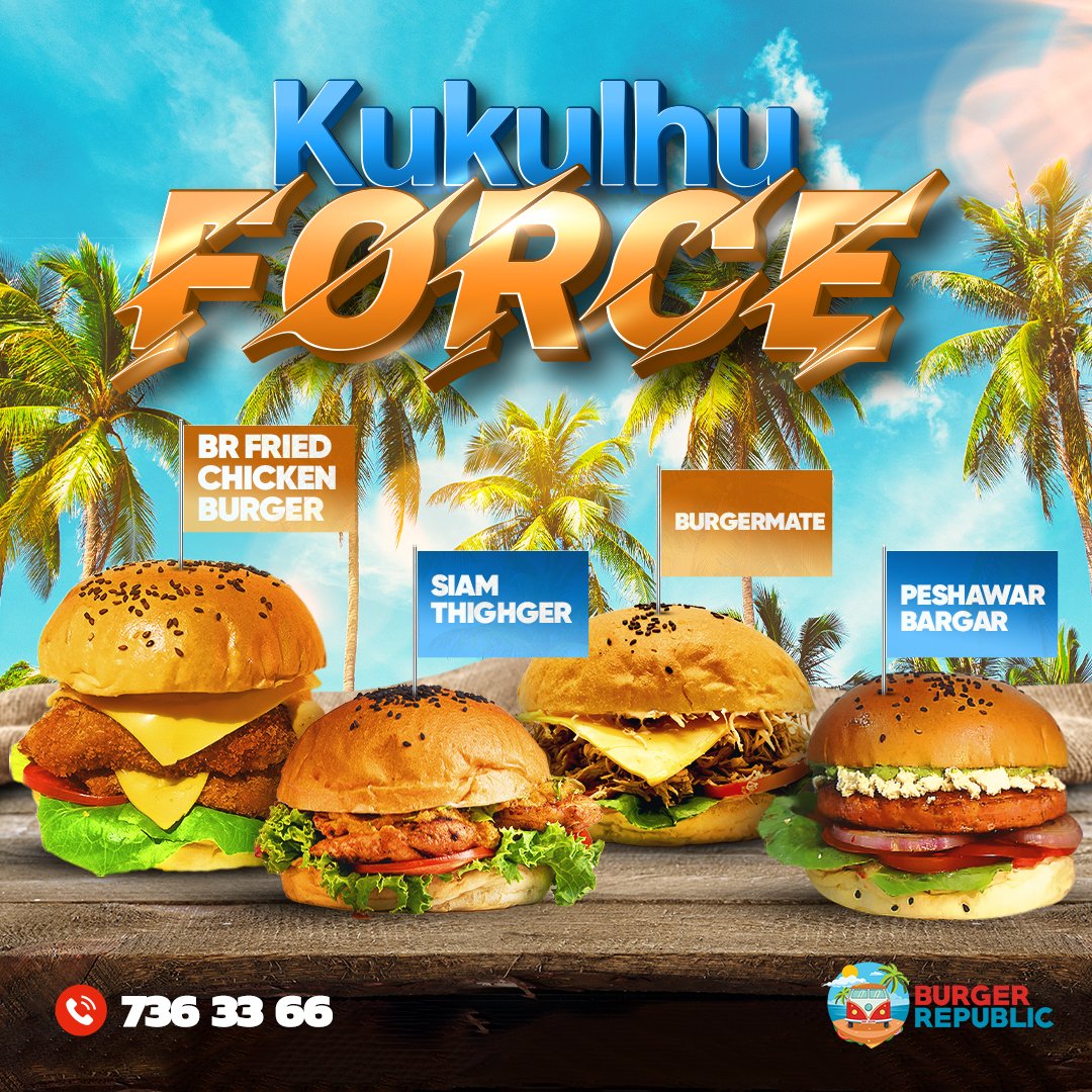 BurgerRepublicM's tweet photo. ކުކުޅު ފޯސް!

Sergeant BR Fried Chicken, Lieutenant Siam Thighger, Captain BurgerMate &amp; Commander Peshawar is here to protect you from hunger. They are well armed with delicious flavours!

Call for a Guranteed service from our Kukulhu Force.

#KukulhuForce
#BurgerRepublicMaldives https://t.co/EV7mBisLE6
