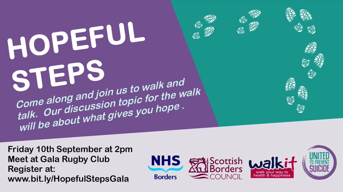 SmallChangesNow's tweet image. On #WorldSuicidePreventionAwarenessDay we’re hosting a Hopeful Steps walk in Galashiels #ScottishBorders to challenge the stigma around talking about #suicide. Find out more and register at bit.ly/HopefulStepsGa… 

#UnitedToPreventSuicide #WSPD #WSPD2021 #suicideprevention