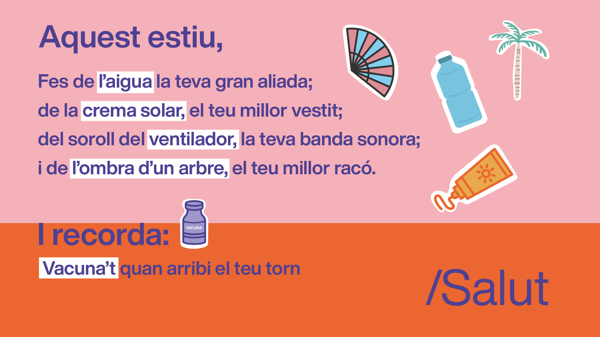 salutcat's tweet photo. La calor #faestiu. Gaudeix-la com sempre, protegeix-te com mai.
🥛 Hidrata't
🧴 Fes servir crema solar
🚫 Evita les hores de màxima exposició solar
💨Refresca l'ambient amb ventilació
💉 Vacuna't
➕ https://t.co/umVeTjFLI9 https://t.co/PADcX0o5aD