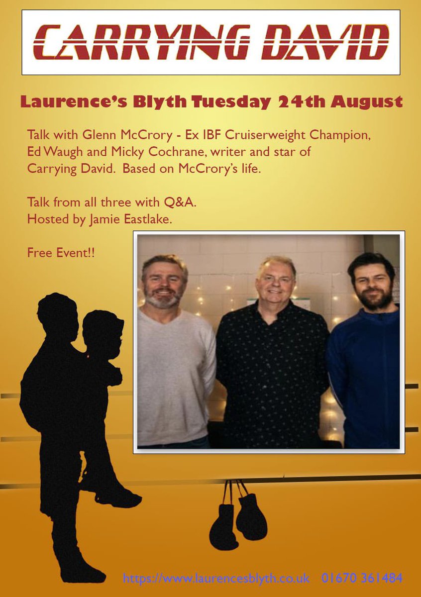 Carrying David (@carryingdavid) on Twitter photo Doing a talk and Q+A <a href="/BlythLaurences/">Eastlake Productions</a> this Tuesday with @Glenn_McCrory and writer Ed Waugh and <a href="/MickyCochrane/">Micky Cochrane</a> of #CarryingDavid. Book your tables for this free event. Hosted by <a href="/jamieeastlake/">Jamie Eastlake</a> Doing a talk and Q+A <a href="/BlythLaurences/">Eastlake Productions</a> this Tuesday with @Glenn_McCrory and writer Ed Waugh and <a href="/MickyCochrane/">Micky Cochrane</a> of #CarryingDavid. Book your tables for this free event. Hosted by <a href="/jamieeastlake/">Jamie Eastlake</a>