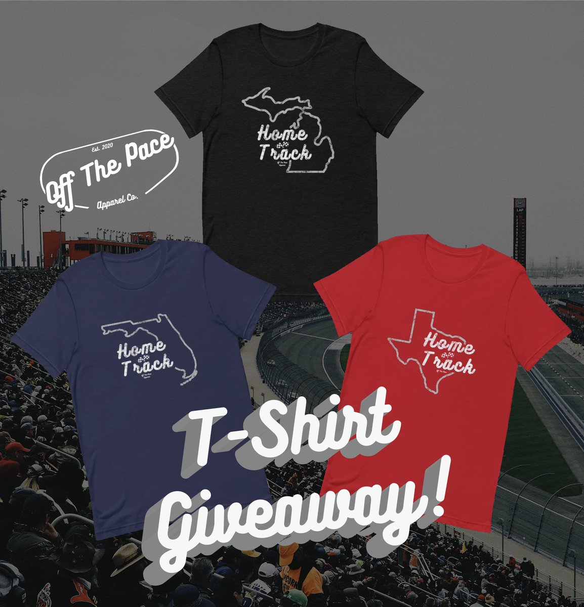 OffThePace1's tweet photo. 🚨 T-Shirt Giveaway! 🚨

We’re giving away one of our ‘Home Track’ Off The Pace state tees..

To enter:
-Comment your home state
-Retweet
-Follow us! 

Winner will be chosen after the Cup race this Sunday! 

Check them out: https://t.co/MFvjfLRega https://t.co/wzfAdJvUpN