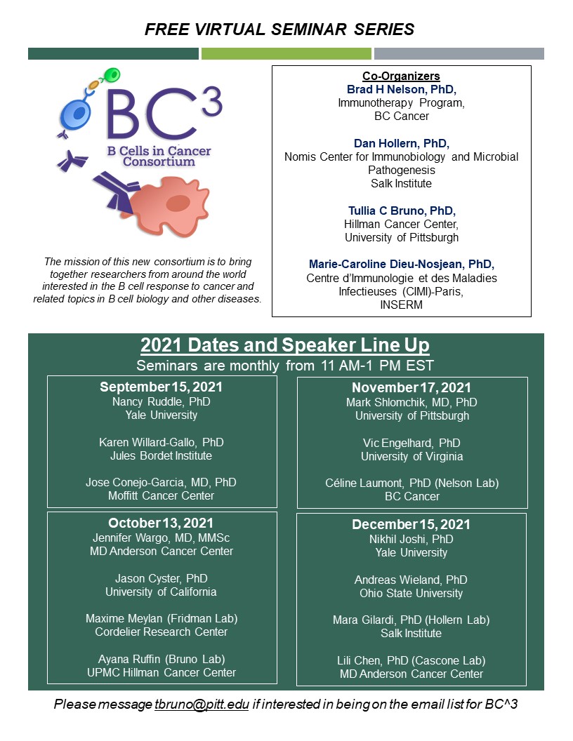 Check out the fall speaker line up for our new virtual seminar series on B cells and TLS! Spread the word! #BC3 #Bcells <a href="/JenWargoMD/">Jennifer Wargo MD</a> <a href="/ShlomchikLab/">Mark Shlomchik Lab</a> <a href="/MaximeMeylan/">Maxime Meylan</a> <a href="/AyanaTRuffin/">Dr.YayaTheScientist</a> <a href="/Joshilabyale/">Nik Joshi</a> <a href="/A_Wieland_PhD/">Andreas Wieland</a>