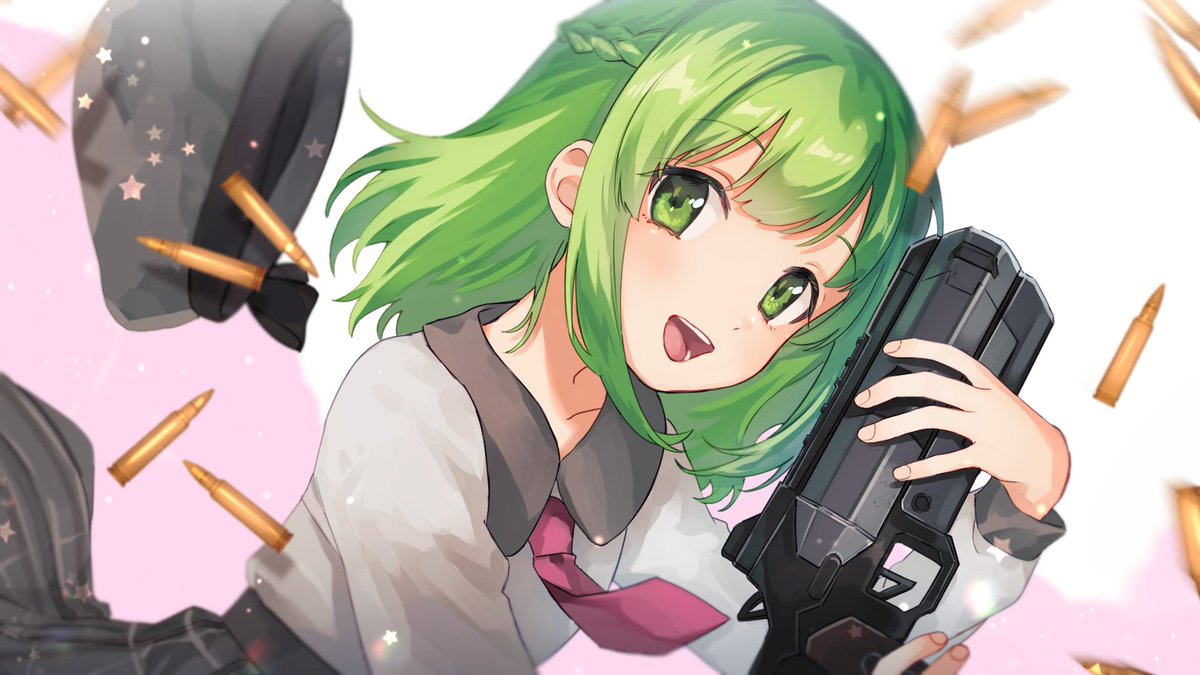1girl solo weapon green eyes green hair holding shirt  illustration images