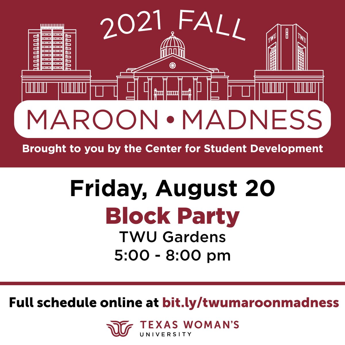 twucsd's tweet photo. Block Party is tonight!! This event is one of our annual traditions that our Pioneers love. We hope you all make it out!

#twu #texaswomans https://t.co/V81WxvgpHX