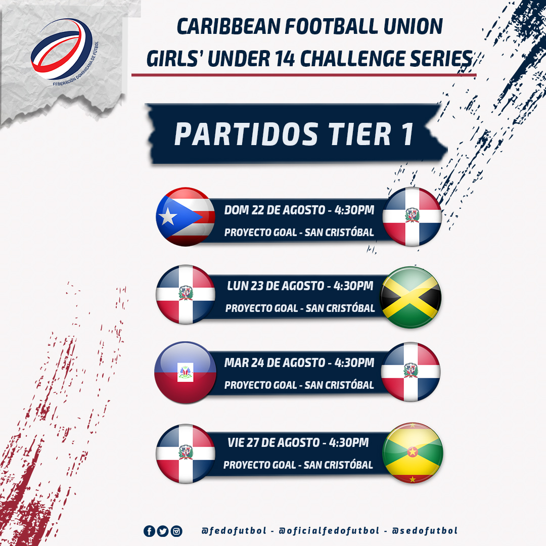 #Selecciones| Estos son los partidos de nuestras selecciones Femenina Sub 14 y Masculina Sub 15 en el torneo CFU Under 14 Challenge Series 🏆⚽️

#Fedofutbol #FutbolRD
