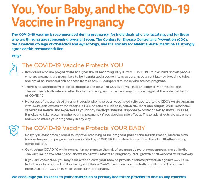 With endorsements from the <a href="/CDCgov/">CDC</a>, <a href="/acog/">ACOG</a> and <a href="/MySMFM/">SMFM</a>, we strongly recommend the #COVIDvaccine during pregnancy, for individuals who are lactating, and for those who are thinking about becoming pregnant soon. Protect yourself and your baby and #getvaccinated!