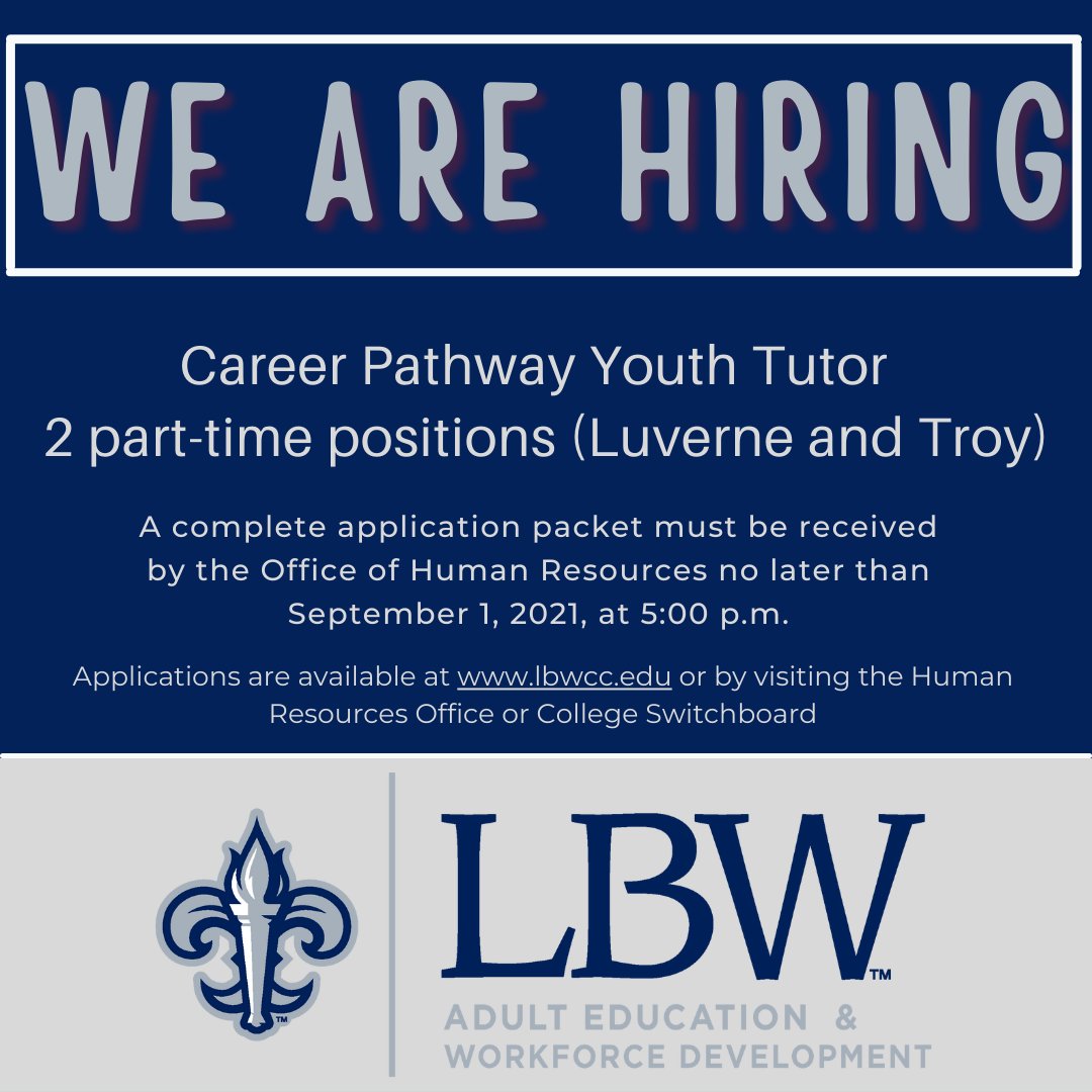 LbwccD's tweet photo. LBW Adult Education is hiring for two Part-Time Career Pathway Youth Tutor positions (Luverne and Troy). For more information on how to apply visit -   https://t.co/q3CyLN3qHn. https://t.co/C5YzZUePK7