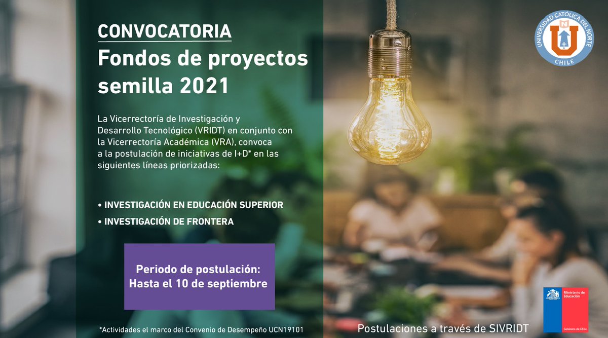 *Fondos Semilla 2021* #InnovaciónUCN
Invitamos a investigadores/as a postular a esta iniciativa interna que financiará proyectos de I+D que no posean fondos externos o internos para su ejecución y desarrollo durante el 2021 

➡️Postulaciones mediante el sistema SIVRIDT