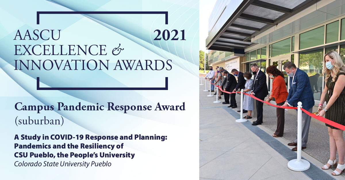 AASCU's tweet photo. .@CSUPueblo won an AASCU Excellence and Innovation Award for its #COVID19 response &amp; planning, which ensured continuous employment for all employees, created flexible work policies, &amp; addressed deeper systemic inequities. https://t.co/lTbiZcJtgY @timothypmottet https://t.co/6lplvI263x