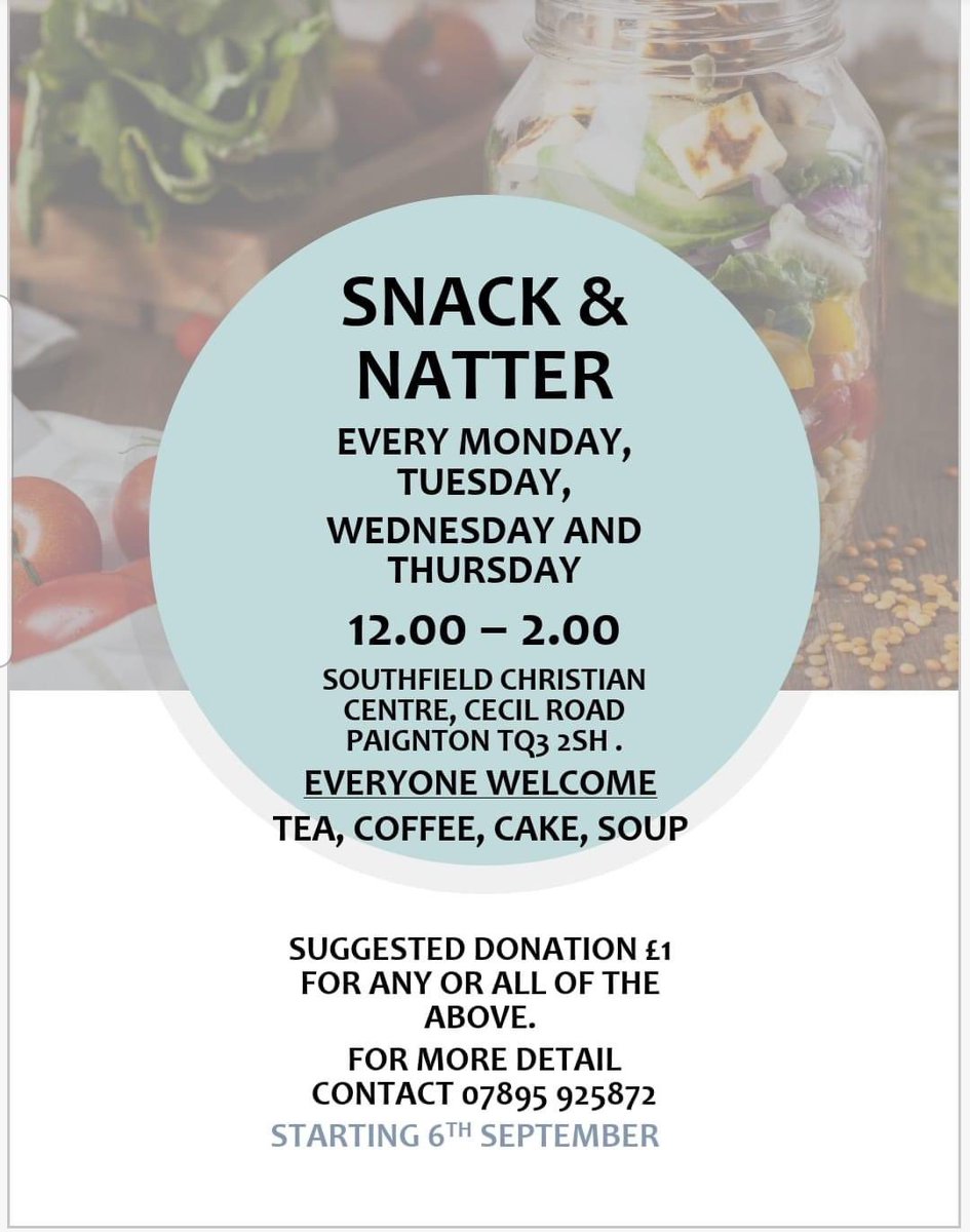 TorbayFood's tweet photo. Great news! Snack @ Natter will be back at Paignton Community Larder from 6th Sep! Pop in for company, warming soup, or tea and cake (you can have all of the above if you like!) 😊 #TorbayKind #community #paignton #StrongerTogether https://t.co/rjvMZvJQMK