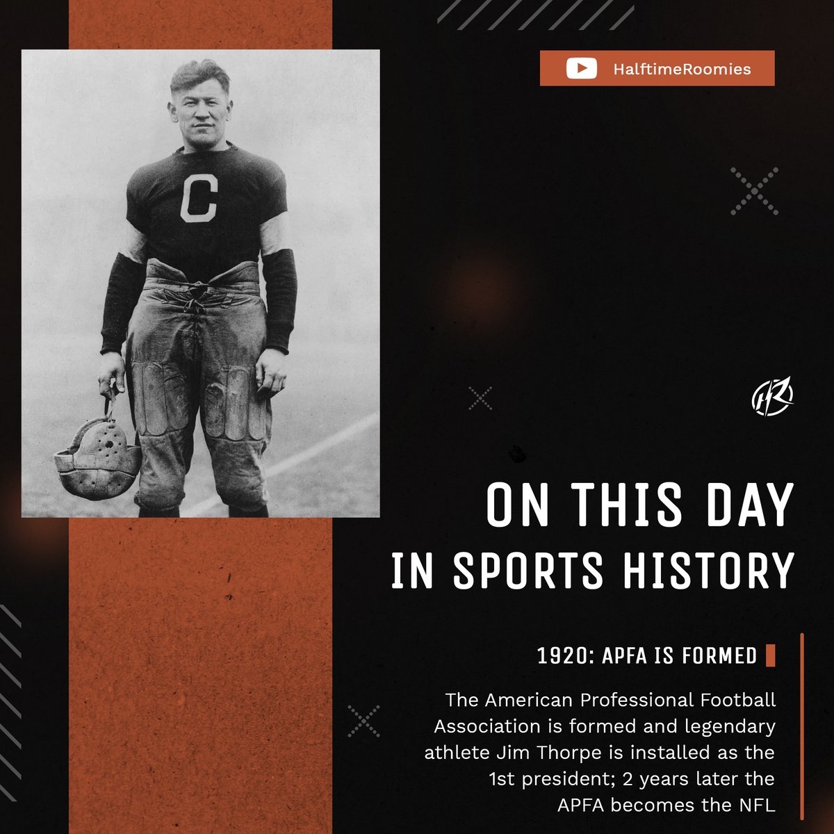 HalfTimeRoomies's tweet photo. #OTD In Sports History: The American Professional Football Association is formed and Jim Thorpe is installed as the 1st president; 2 years later the APFA becomes the NFL.
#Football #NFL #JimThorpe #OnThisDay #OnThisDayInSports #OnThisDayInHistory #HalftimeRoomies https://t.co/f2WvIlGsLA