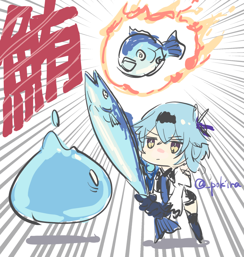 eula (genshin impact) 1girl fish blue hair hairband twitter username chibi yellow eyes  illustration images