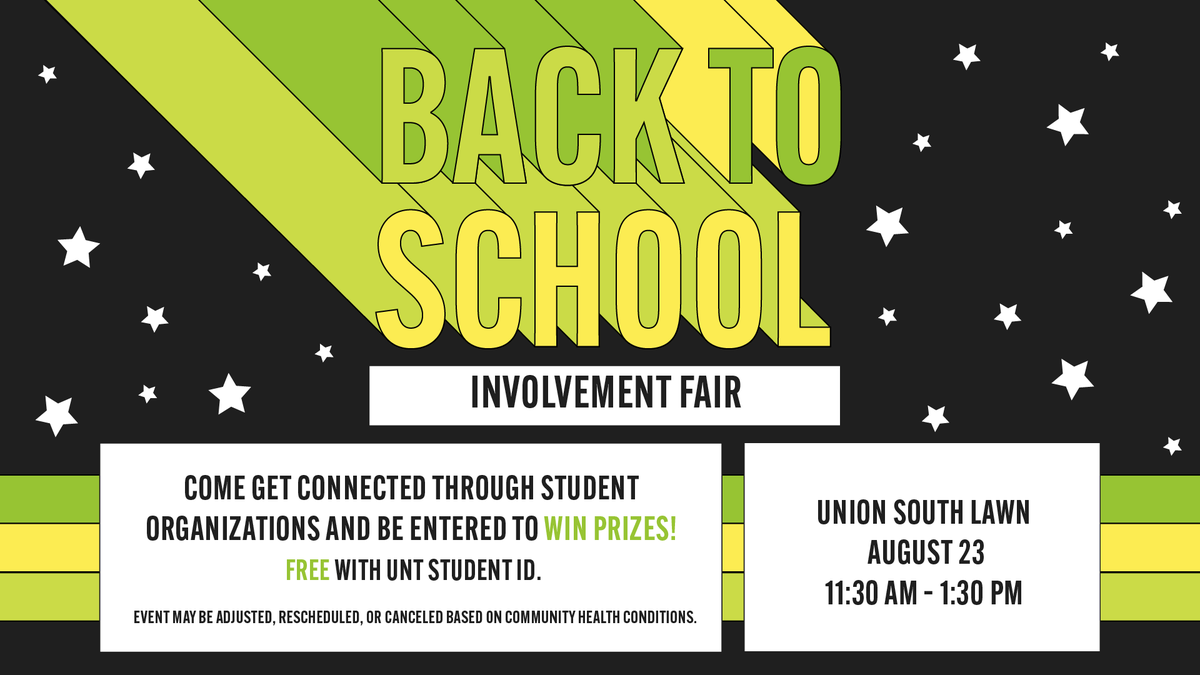 UNTActivities's tweet photo. Attention #UNT students! Are you looking to get connected and involved on-campus? The Involvement Fair is the perfect place to explore your passions and do just that! Join us on 8/23 at Union South Lawn to get connected with over 80 student orgs. @UNTsocial https://t.co/EggyoOXDAZ