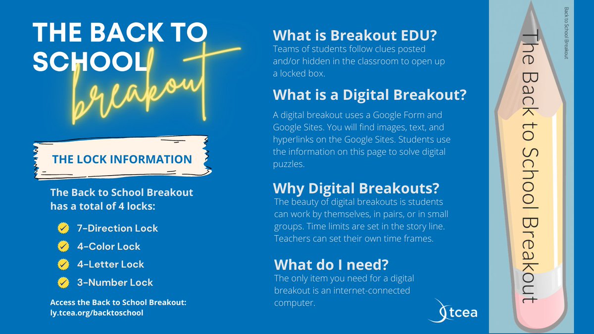 TCEA's tweet photo. Can your students breakout? Try the #BackToSchool Breakout! 

https://t.co/Yx49GobMXM  @preimers
#edtech #educoach #teachertwitter #edchat #learning https://t.co/ZmQ5uhehVZ