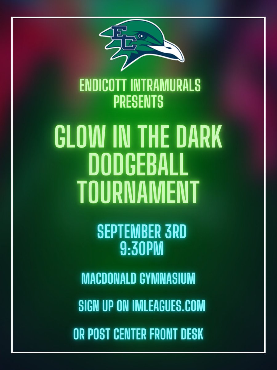 Presenting our first event of the 2021-22 school year: A Glow In The Dark Dodgeball Tournament! Sign ups are open now on IMleagues.com through 9/2 at 11:59PM, we hope to see you there!