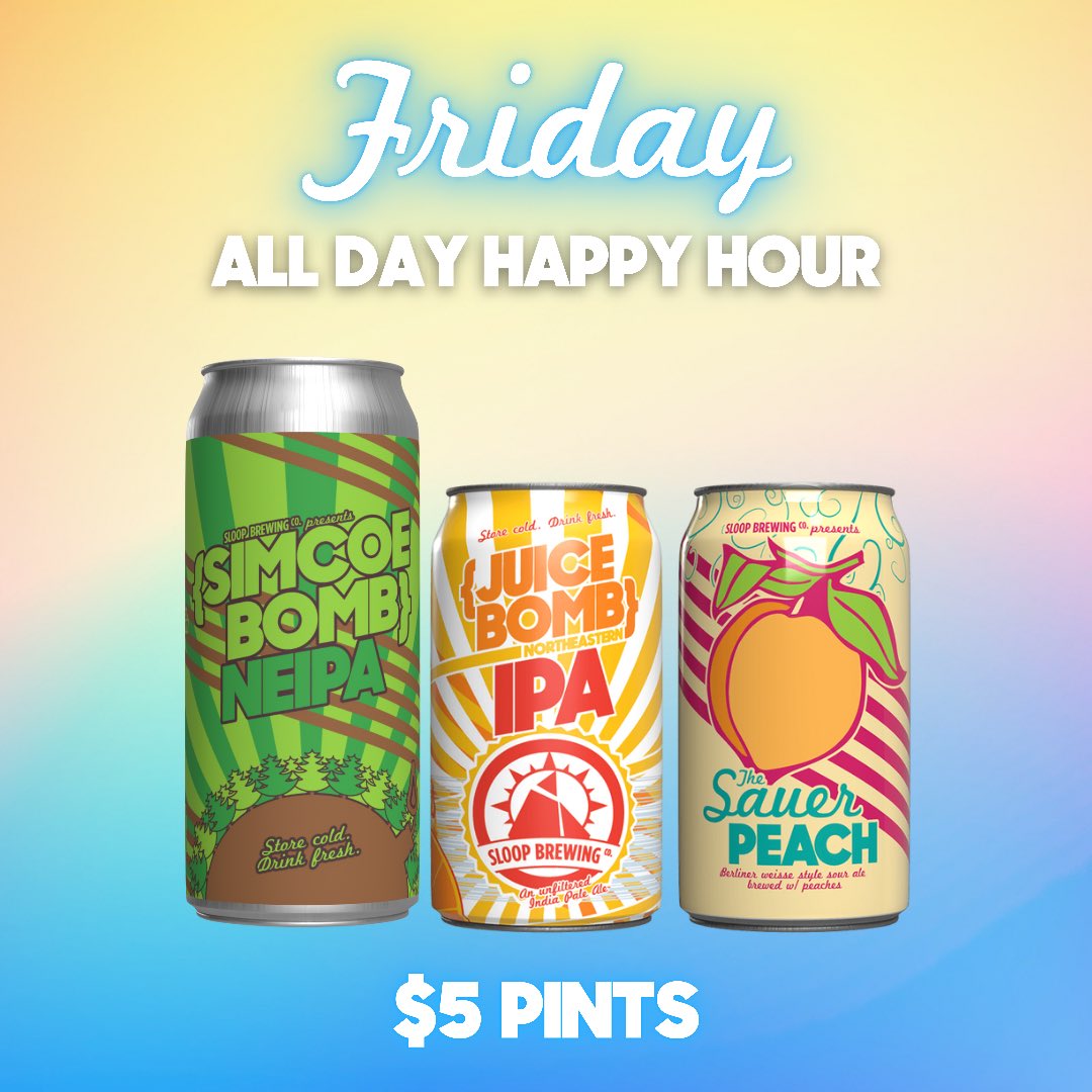 sloopbrewing's tweet photo. All day happy hour!🍺🍺🍺
Swing by today from 12pm-9pm & grab a pint of Simcoe Bomb, Sauer Peach or Juice Bomb for 5$ dine-in!
You can keep those beers company with some of our new menu items like the kale salad & BLT pizza.🍕
#hudsonvalley #happyhour #sloopbrewing #juicebomb https://t.co/gBdhxmn6Io