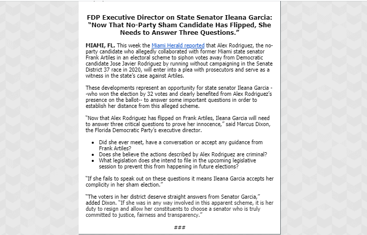 .<a href="/FlaDems/">Florida Democrats</a> exec director calls on <a href="/IleanaGarciaUSA/">Ileana Garcia</a> to respond to qs about the sham candidate scheme.

She won the race in question by 32 votes. The sham candidate received >6,000.

Miami-Dade State Attorney has said there's no evidence to suggest Garcia knew of the alleged scheme.