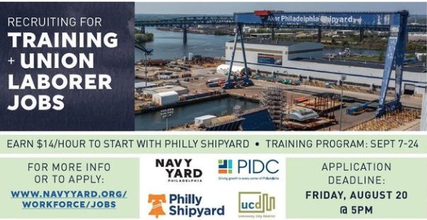 Today is the last day to apply for this great opportunity presented by our <a href="/westphilaskills/">Skills Initiative</a> in partnership with <a href="/NavyYardPhila/">Navy Yard Philadelphia</a> and <a href="/PhillyShipyard/">Hanwha Philly Shipyard</a>. Apply before today’s 5 PM deadline by clicking here: navyyard.org/workforce/jobs