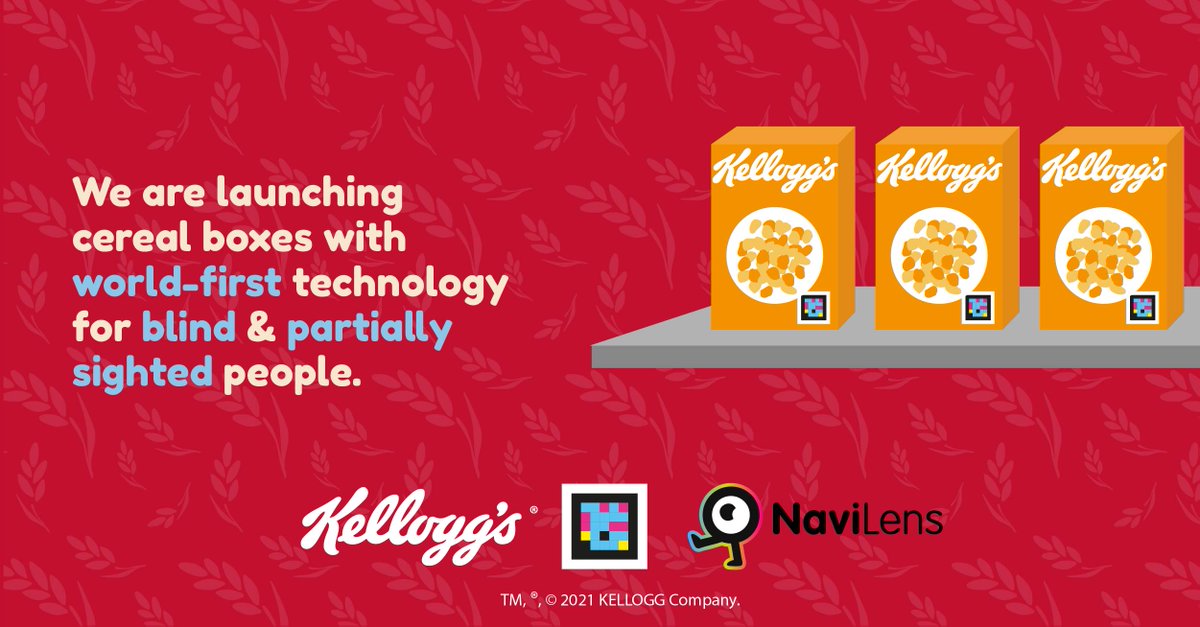 Red graphic with illustrations of three orange Kellogg's cereal boxes with the NaviLens code printed on them. The text reads "We are launching cereal boxes with world-first technology for blind and partially sighted people", and the Kellogg's and NaviLens symbol and logos are at the bottom.