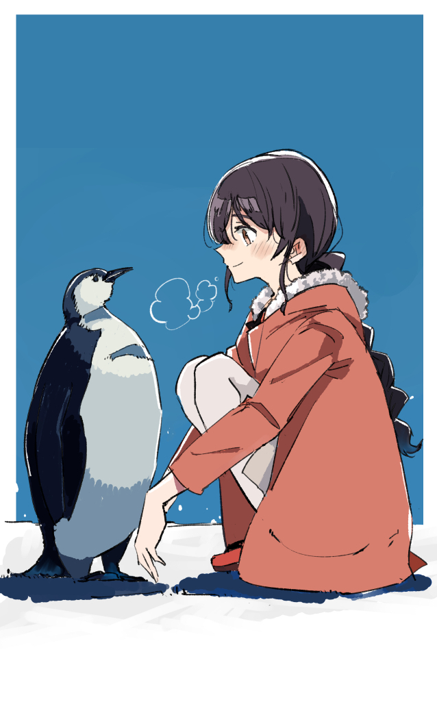 1girl long hair bird penguin braid orange jacket single braid  illustration images