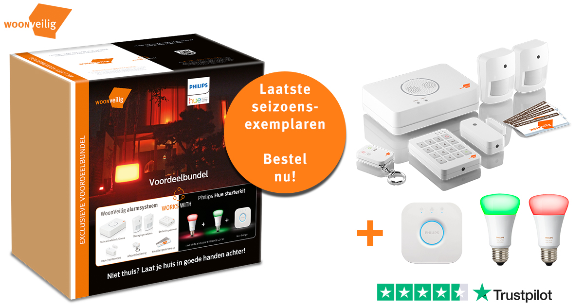 Let op: jouw huis ook nog slim beveiligen met het WoonVeilig Alarmsysteem + Philips Hue verlichting?
Bestel dan nu (zolang de seizoensvoorraad strekt en/of tot en met 31 augustus a.s.) de WoonVeilig-Philips Hue voordeelbundel: woonveilig.nl/shop