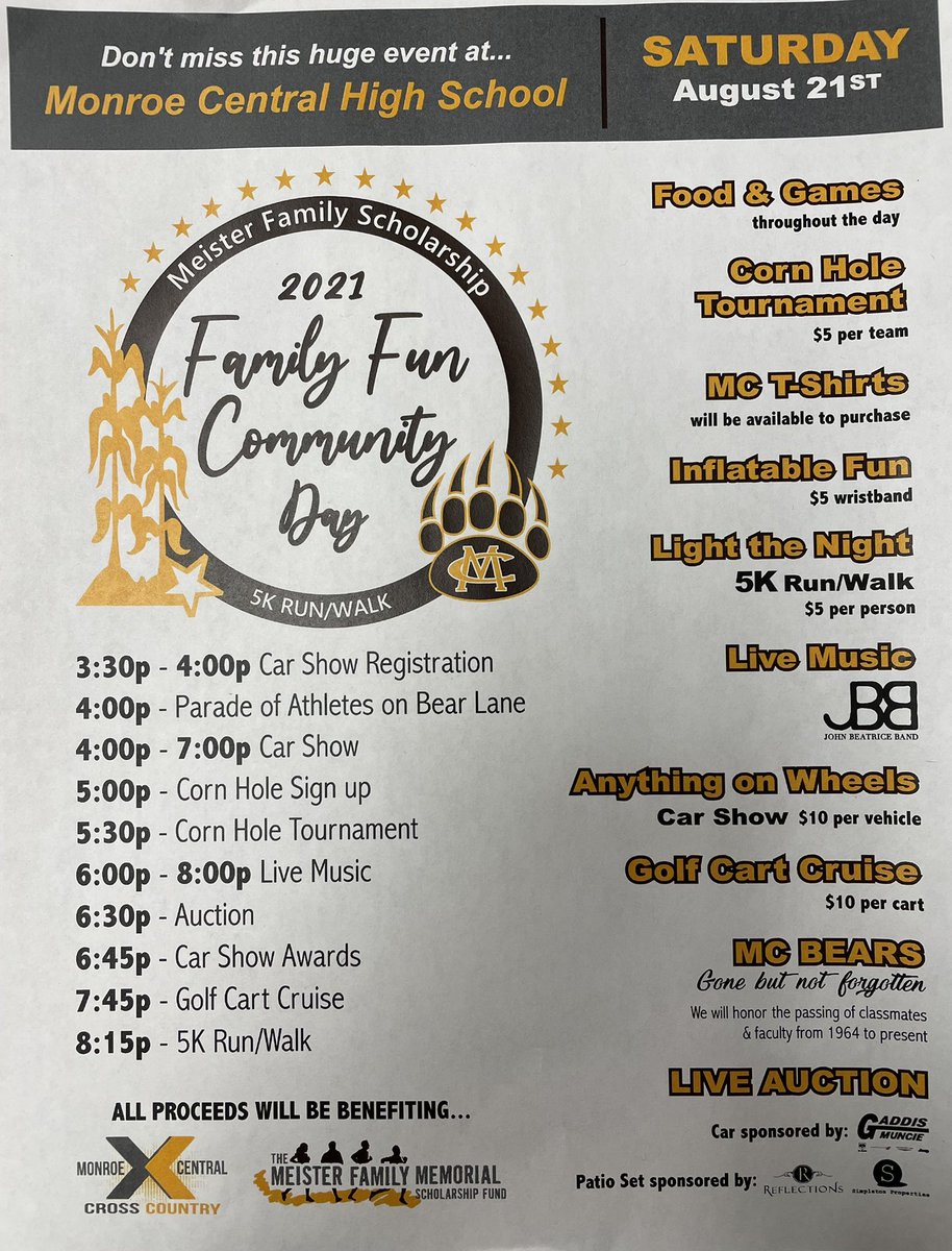 💥ATTENTION💥

Tomorrow is Community Day! We are excited to see everyone out for this event. Please see the attached flyer for further information. <a href="/MCGoldenBears_/">Monroe Central Golden Bears</a> 

#GoBears 🐻