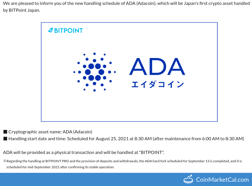 cmcal_bot's tweet photo. 🆕 New Cardano $ADA event! 
 
25 August 2021 
BITPoint Listing  
 
Source: https://t.co/FcFS6oRupu https://t.co/fHg222ZAKo
