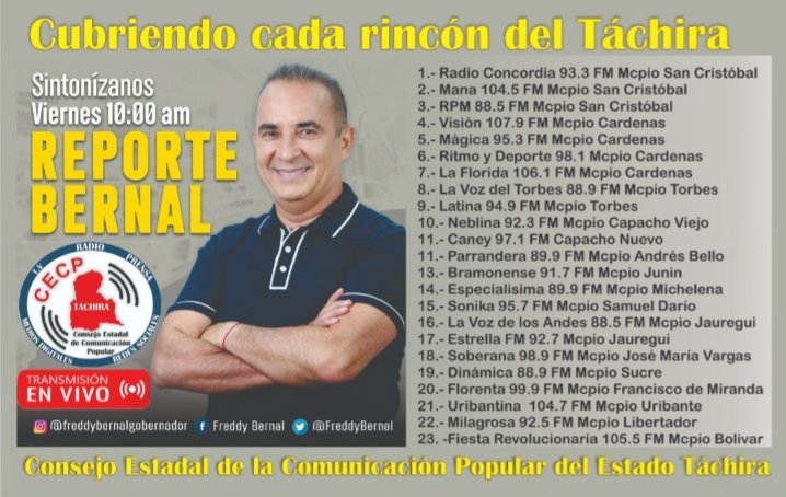 Viernes informativo a partir de las 10:00am, sintoniza #ReporteBernal por YVKE Táchira 94.5FM🎙️📻

No te lo pierdas con <a href="/FreddyBernal/">Freddy Bernal</a> nuestro próximo gobernador🚩🚩

<a href="/Juntosxtachira1/">Juntos por Táchira</a> <a href="/arguelloyepfri/">Yepfri Arguello</a>
<a href="/BermudezJoseA/">Bermúdez José</a> <a href="/PSUVTachira/">PSUV Táchira</a>