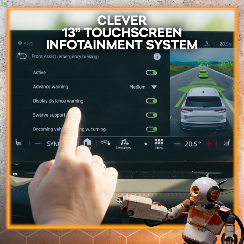 SKODAUK's tweet photo. 13-inch touchscreen display ✅ Plug-in charging ✅ Powerful LED lights ✅ Swipe 👉 to discover more of the ŠKODA ENYAQ iV SUV’s clever features.
