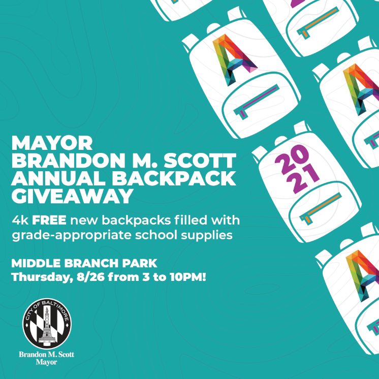 MayorBMScott's tweet photo. Hey #AFRAMILY, I’m excited to announce that this year’s Annual Backpack Giveaway event will be held in partnership with AFRAM!

Can’t wait to see you on Thursday, August 26 at 3:00pm at Middle Branch Park. 

Find more information on the giveaway here: https://t.co/Au41euqUNH https://t.co/x7oAlmF2b6