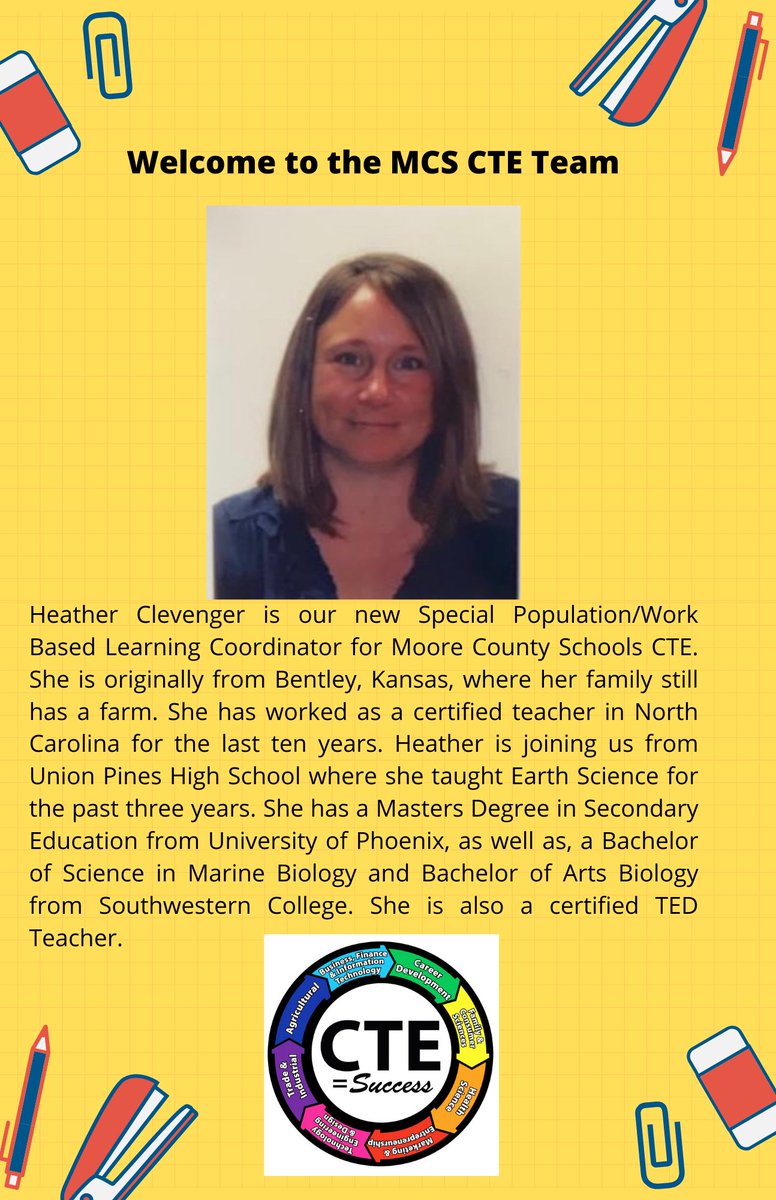 Help us welcome Ms. Heather Clevenger as our Work Based Learning &amp; Special Populations Coordinator for Moore County Schools CTE <a href="/cte_moore/">MooreSchoolsCTE</a>  #webeforemecte #wermoorecte #bemoore #ctelearningthatworks