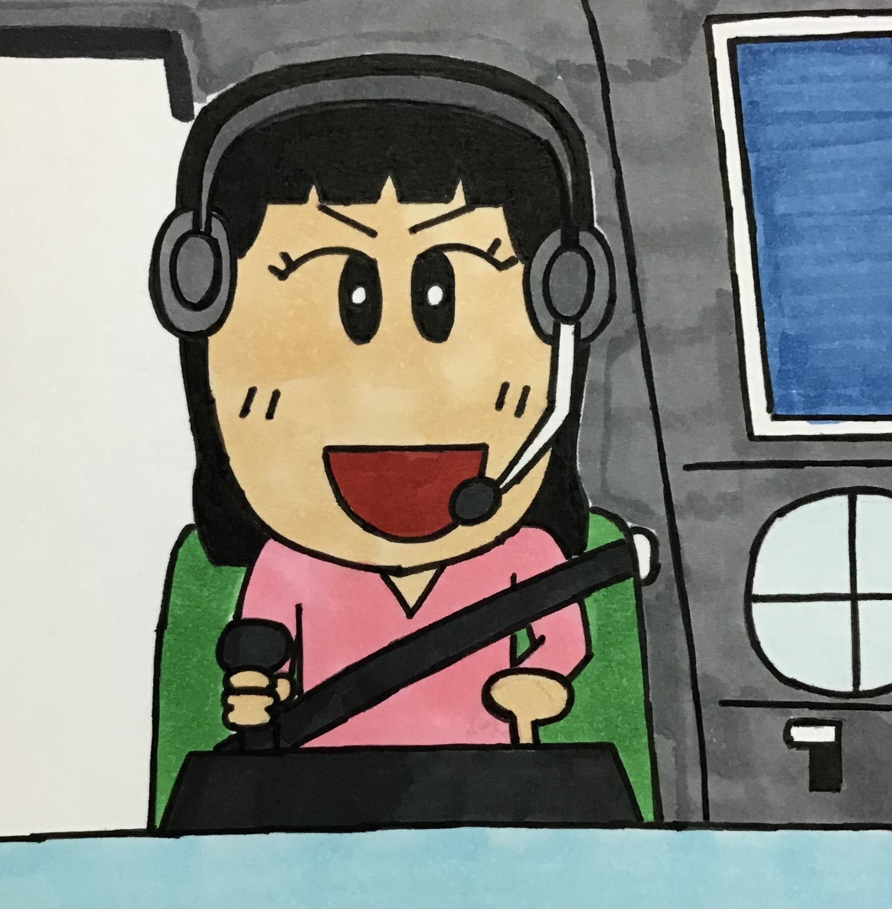わだ ヨシタカ 6年生ヒロちゃんイラスト です コックピット の中で操縦をするヒロちゃんです みずきちゃんも操縦桿を握ります 2人で連携して操縦して 出動開始 空飛ぶ車を試験運転しています 操縦ヒロちゃん でした 小学6年生 コックピット