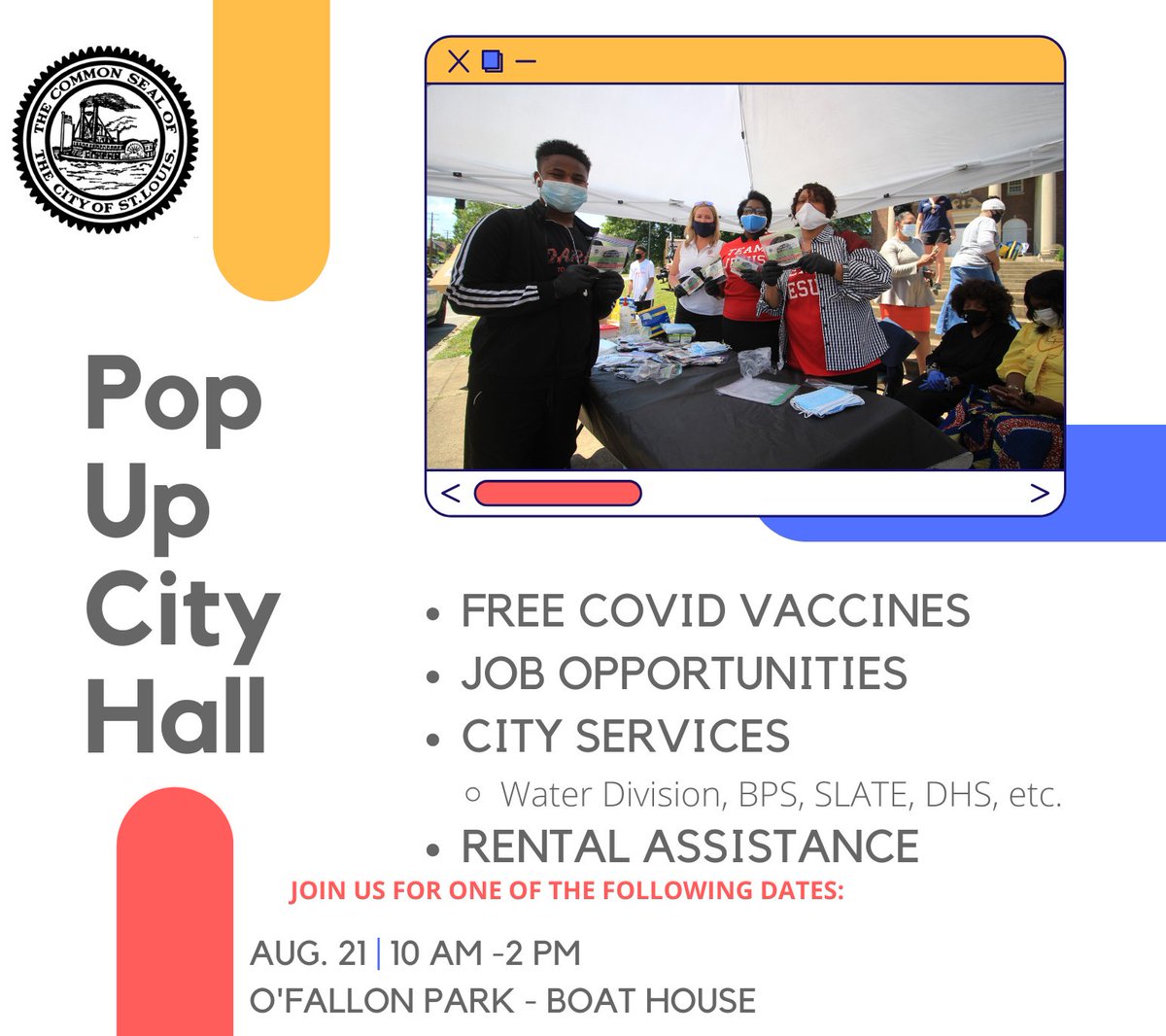 STLCityGov's tweet photo. We are partnering with @ESOP_STL  to host a Pop Up City Hall on Saturday, Aug. 21, 10am -2pm at O'Fallon Park. Rental Assistance will be available at the O'Fallon Park YMCA. FREE backpacks and city services will be available at the O'Fallon Park Boathouse. See you there! https://t.co/gJidOPqxsc