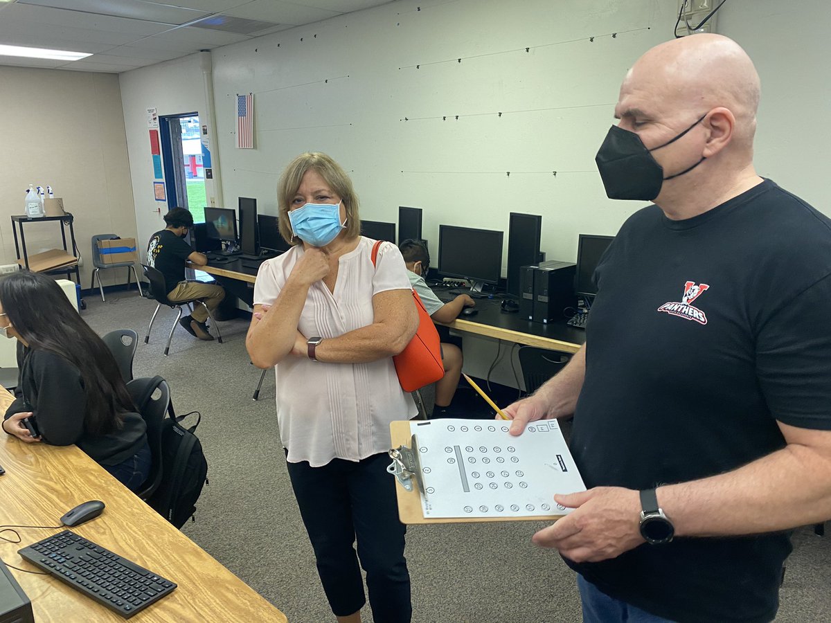 Board Members Alvarado and Smithfield visit <a href="/VHSPanthers/">Vista High School</a> to welcome students and staff back to school.