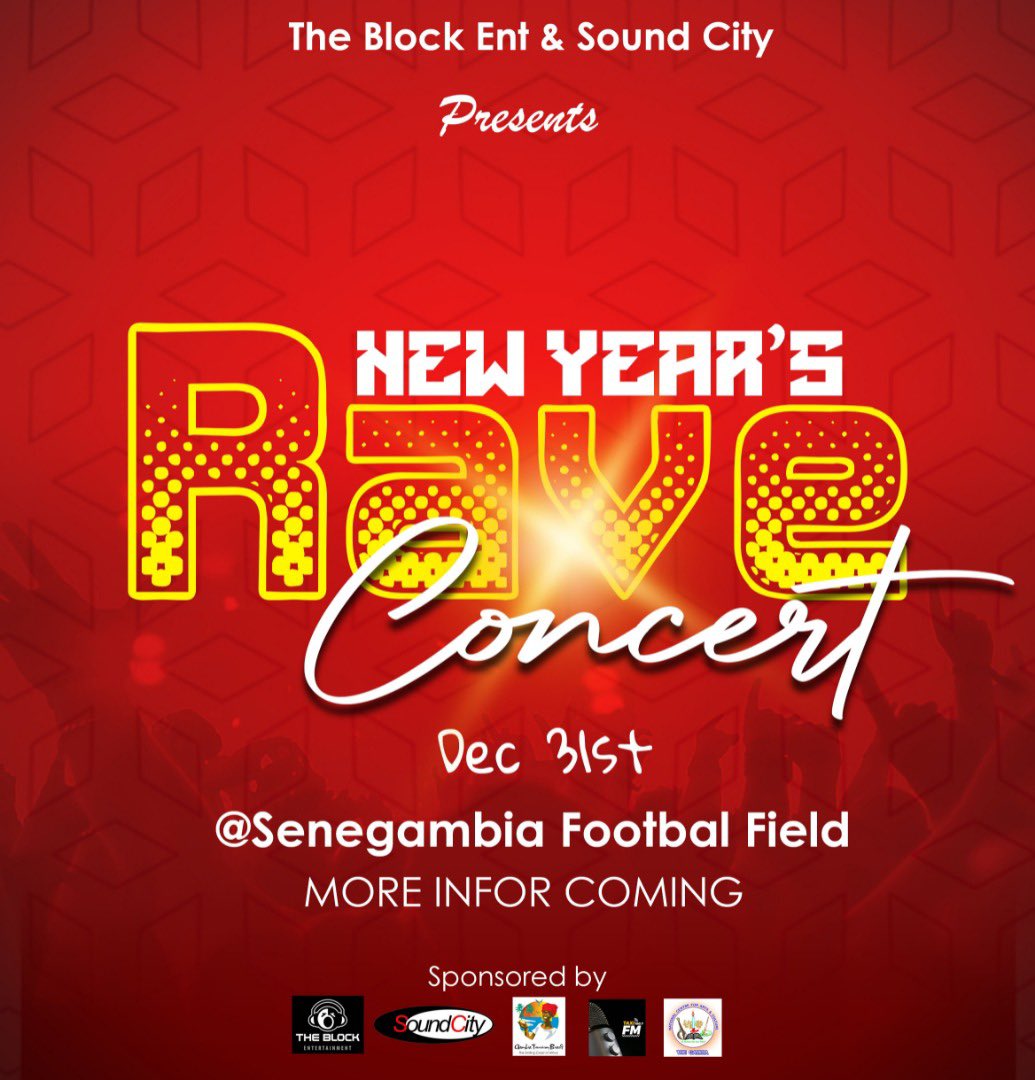 TheBlockStudio's tweet image. We are happy to announce our annual RAVE CONCERT, Dec 31st at the Senegambia Football field. It is going to be a LIVE BAND Concert with professional musicians. Artist line up will be published soon. Stay tuned.