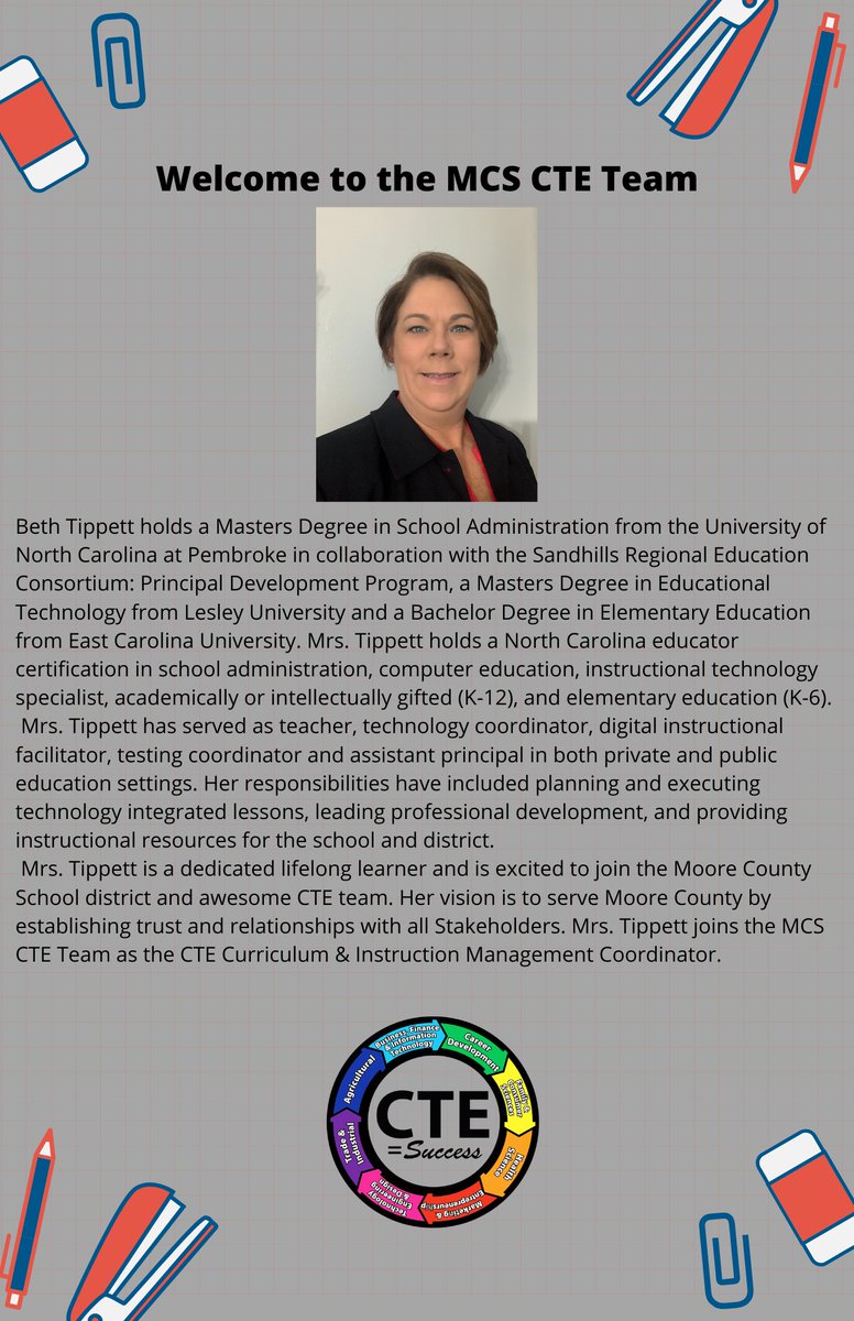 Welcome Mrs. Beth Tippett to the MCS CTE Team as the new CTE Curriculum &amp; Instruction Management Coordinator. We look forward to having you join us <a href="/cte_moore/">MooreSchoolsCTE</a>