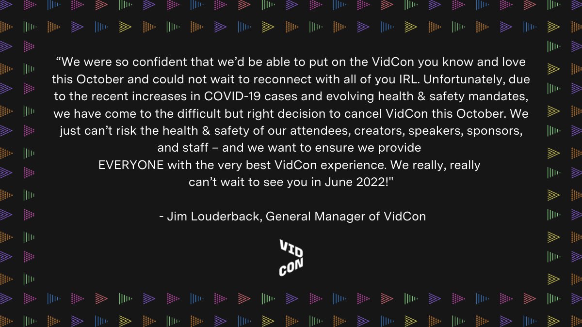 With a heavy heart, we must confirm we are canceling VidCon US 2021 💔 We hope to see you in Anaheim June 22 – 25, 2022! For more information on ticket transfers, refunds, and FAQs, please visit VidCon.com.