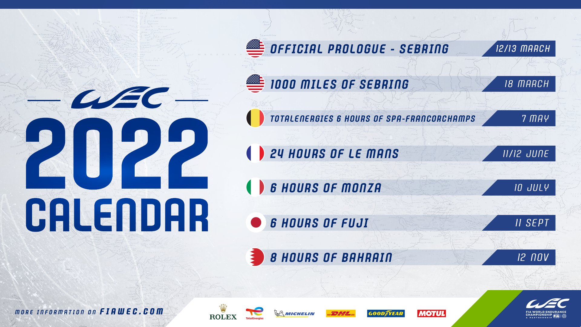 Calendrier Twitter 2023 Wec On Twitter: "📅 2022 #Wec Calendar Revealed! 12/13.03 🇺🇸 #Wecprologue  18.03 🇺🇸 #1000Msebring 7.05 🇧🇪 #6Hspa 11/12.06 🇫🇷 #Lemans24 10.07  🇮🇹 #6Hmonza 11.09 🇯🇵 #6Hfuji 12.11 🇧🇭 #8Hbahrain More Information On  Https://T.co/Npnu9Akkhh ...
