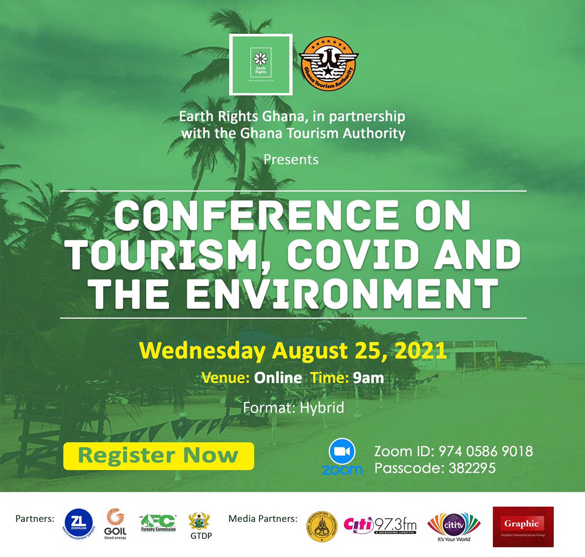 Conference on Tourism, COVID &amp; Environment
A one day conference to review the effects of the Coronavirus pandemic on travel and tourism is to be held in Accra on Wednesday, August 25, 2021
Register: zoom.us/webinar/regist…
<a href="/fcghana2020/">Forestry Commission Ghana</a>  @goil_gh <a href="/zoomlionltd/">Zoomlion Ghana Limited</a> <a href="/Graphicgh/">DailyGraphic GraphicOnline</a>  @cititvgh