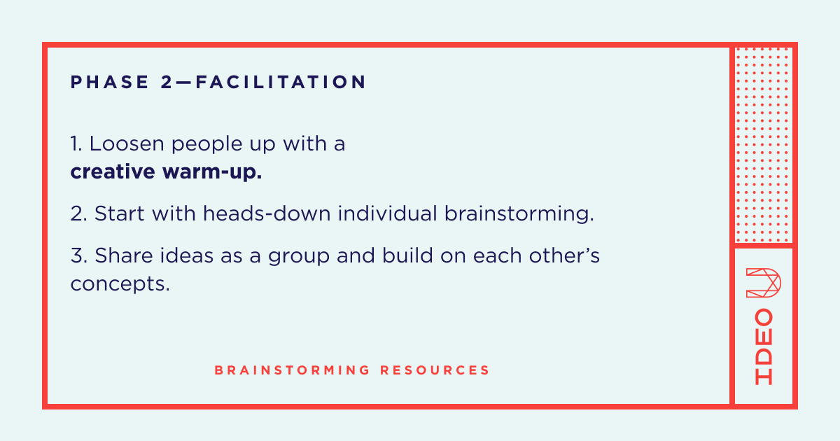 IDEOU's tweet photo. When leading a brainstorming session, a bit of planning can turbocharge your team. Start with getting everyone in a generative, creative mindset by sharing inspiration and analogous research, and grounding your team with a framing question. https://t.co/cOa40hVSOS https://t.co/lVxKe6gyz5