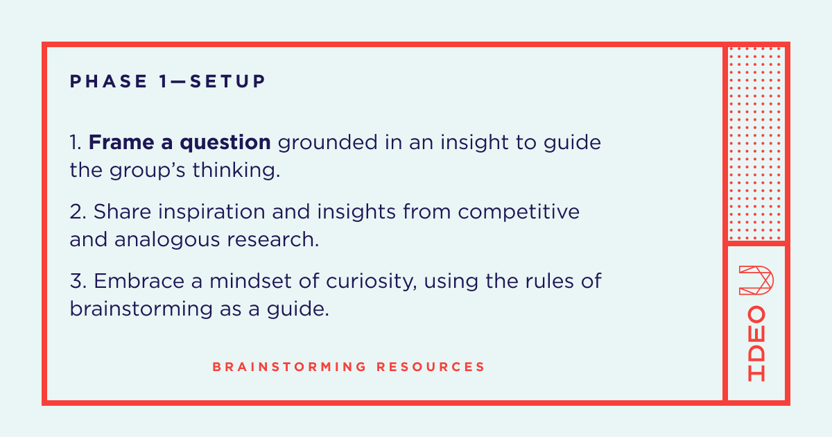 IDEOU's tweet photo. When leading a brainstorming session, a bit of planning can turbocharge your team. Start with getting everyone in a generative, creative mindset by sharing inspiration and analogous research, and grounding your team with a framing question. https://t.co/cOa40hVSOS https://t.co/lVxKe6gyz5