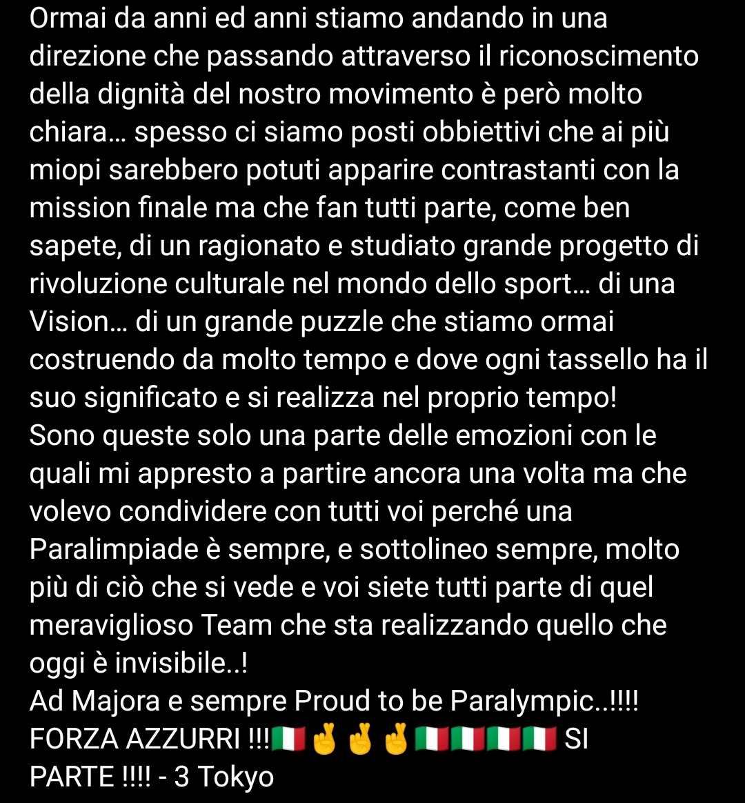 Ci siamo… Ancora una volta mi appresto a partire per una Paralimpiade, questa sarà la 14^ tra quelle vissute da atleta e le successive tra estive ed invernali... 

👇 continua a leggere qui sotto
#Tokyo2020 #Paralympic