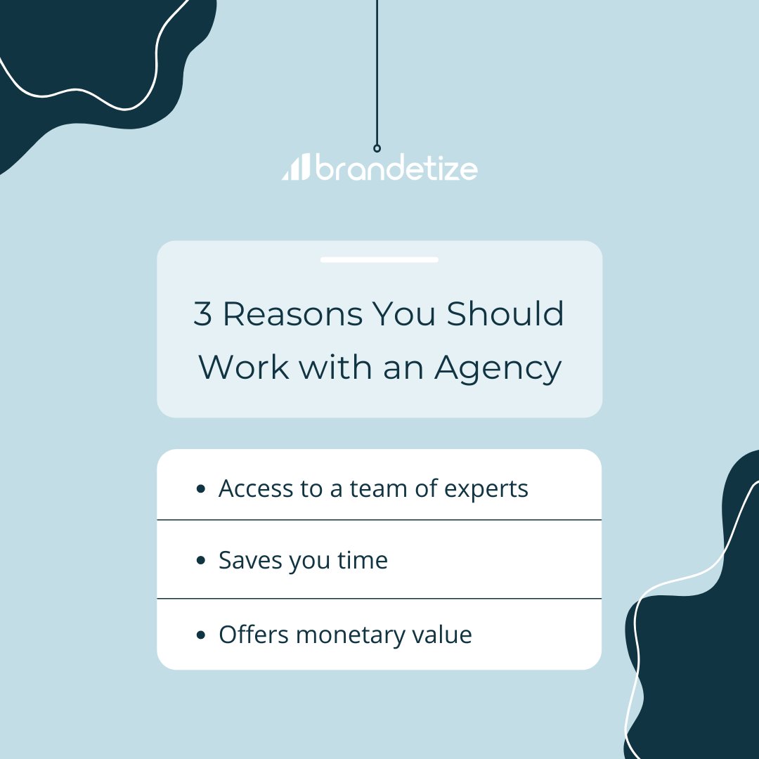 Are you thinking of working with an agency?

There are many benefits to utilizing an agency for your business...

💯Access to a team of experts
⏰Saves you time
💰Offers monetary value

Head to our blog to learn how to choose the right marketing agency> bit.ly/3kD4xcK