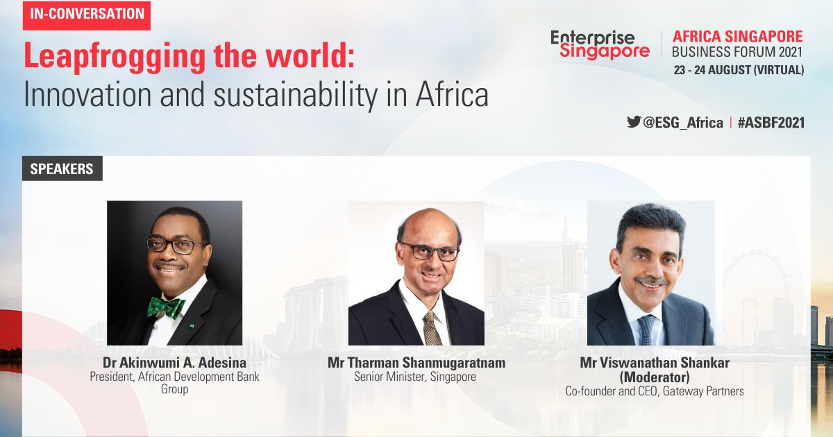 Join African Development Bank President Akinwumi A. Adesina for a discussion with Singaporean Senior Minister Tharman Shanmugaratnam on innovation and sustainability in #Africa, at the upcoming Africa Singapore Business Forum 2021. 

More on #ASBF2021: bit.ly/3gjLTDJ