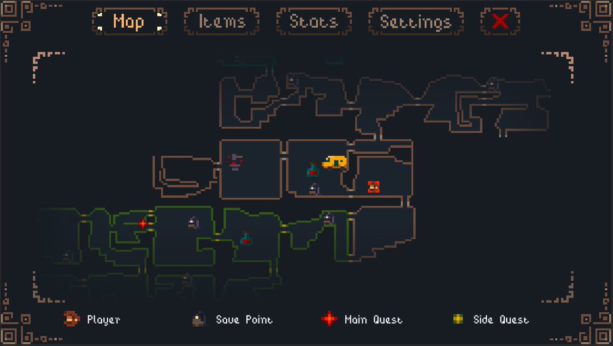 SKMDESIGNZ's tweet photo. The new map. We will possibly adapt the icons a little more. But we think it already looks much better than our old standard Metroid map.

.
#gamedev #indiedev #games #game #indiegame #indiegames #dev #gaming #pixelart #pixel #unity #metroidvania #8bit #pixelgame #pixelartgame https://t.co/qoTdRgcnTd