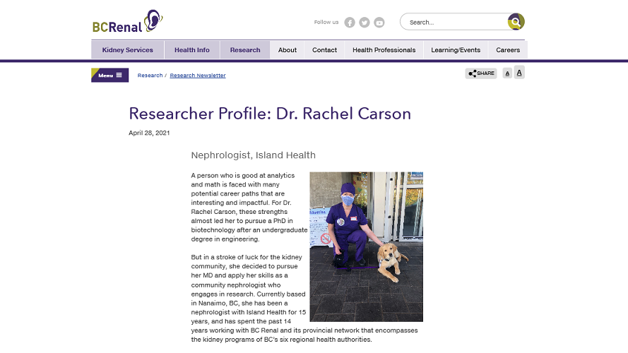 BCRenal's tweet photo. “I am always interested in the vulnerable, the ‘underdog,’ and in the ways we can humanize the care we provide..." See our profile of community nephrologist & #KidneyResearcher, Dr. Rachel Carson, to learn about her research journey: https://t.co/mok0ufw25Y #BCRenalNetwork https://t.co/bPFblGpI2j